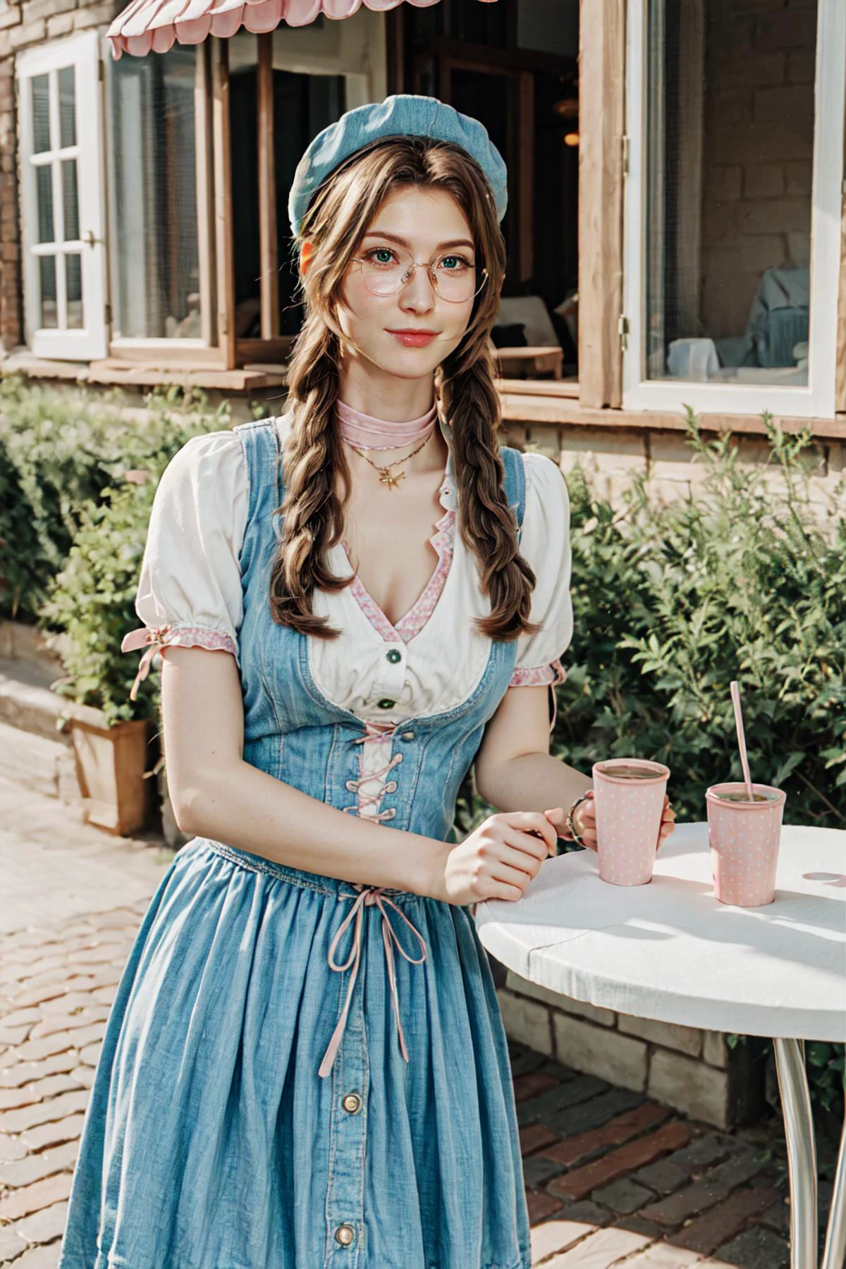 <lora:MIAOKA_Aerith:0.75>, ((aerith gainsborough, choker, hair bow, bracelet, sidelocks, parted bangs, braid)):1.24, (sit, elegant smile),
BREAK 1woman, young woman, adorable, clear face, solo, ((full body)):1.33, ((a woman wear a clear glasses, detailed glasses)):1.22,
BREAK perfect(anatomy, body, face, hands, legs, foot, fingers), ((multicolor brown hairs, very long hairs, green eyes):1.23, cleavage),
BREAK soft light, light on face, cinematic lighting, dynamic(angle, elegant posture), detailed(shadow, lightning),
BREAK <lora:add_detail:0.52>, extremely detailed, CG, finely detail, (masterpiece, best quality):2.0, (intricate details, depth of field), (photorealistic:1.25),
BREAK <lora:uber_saggy2:0.65>, saggy, sagging_breasts, ((huge breasts)),
<lora:Twinkle_20240330153818:0.62>, ((dress, bow, crinoline, hat)):1.23,
((outdoors, detailed cafe, cozy , beautiful scenery, ice cream, table, chairs, cup of tea, windows, morning, chill)),