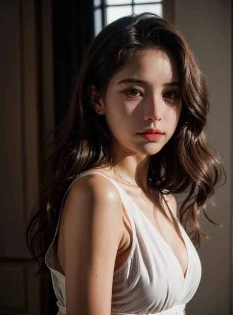 (master quality:1.4) , (realistic detail:1.3) ,(photorealistic:1.3),
A woman in a white dress, her long hair cascading down, stands in a dark room, captured in a professional pose by a camera flash, with the interplay of light and shadow creating a dramatic, realistic photograph.
<lora:epiCRealismHelper:0.5> <lora:epiCRealLife:0.5> <lora:add_detail:1>