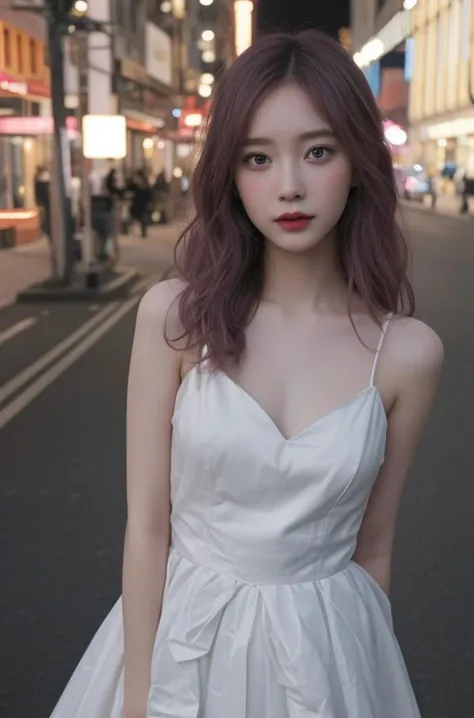 Beautiful girl, pink and purple hair, white skin, porcelain skin, blue eyes, wavy hair, gloss pink lips, pink wedding dress, standing on a Asian city at night, 8k, cinematic,