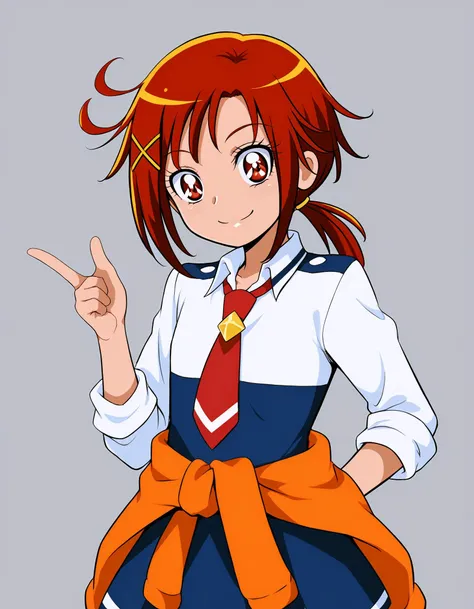 score_9, <lora:sdxl_lightning_8step_lora:1> source_anime, rating_safe BREAK 1girl, solo
<lora:ponyxl_character-smile_precure:1> 
hino akane \(smile precure!\), red hair, hairpin, low ponytail, red eyes, nanairogaoka middle school uniform, red necktie, clothes around waist