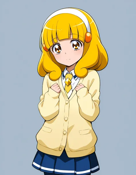 score_9, <lora:sdxl_lightning_8step_lora:1> source_anime, rating_safe BREAK 1girl, solo
<lora:ponyxl_character-smile_precure:1> 
kise yayoi, yellow hair, yellow eyes, white hairband, hair ornament, medium hair, nanairogaoka middle school uniform, yellow necktie, yellow cardigan