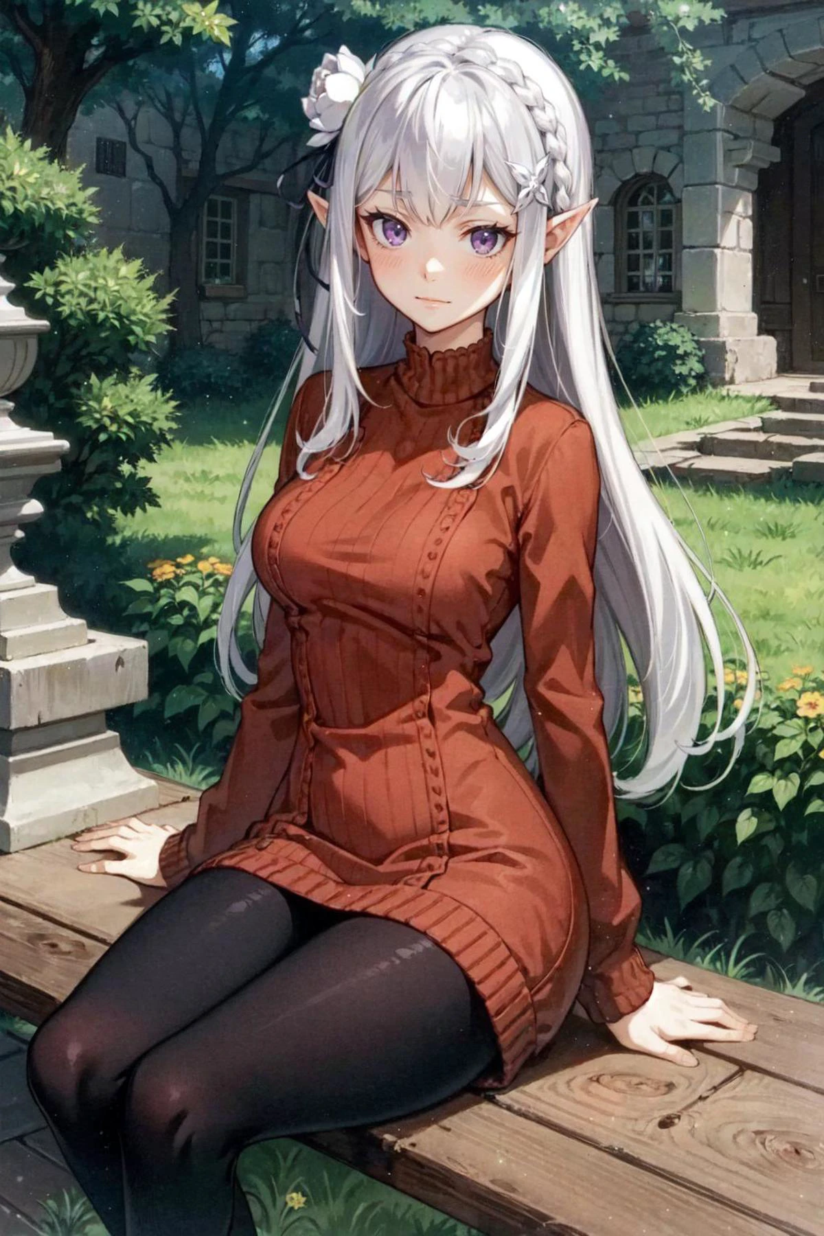 (best quality, masterpiece, colorful, dynamic angle, highest detailed),  [detailed], [intricate], digital painting, cinematic lighting, solo, 1girl,angry
,
emilia, braid, crown braid, flower, hair flower, hair ornament, hair ribbon, long hair, pointy ears, (purple eyes:1.2), (white hair:1.4), x hair ornament,
, sweater dress, black pantyhose, <lora:YorSweaterDressV1:0.6>
,looking at viewer, smirk,( wide hips, thick thighs), (large breasts),visible thighs, Resting on a lush garden bench, she holds a delicate butterfly, her presence a harmonious part of the scene, perfect hands, dutch angle,
retro artstyle, 1990s \(style\),<lora:Hidari2:0.8>  , <lora:emiliatest:1>