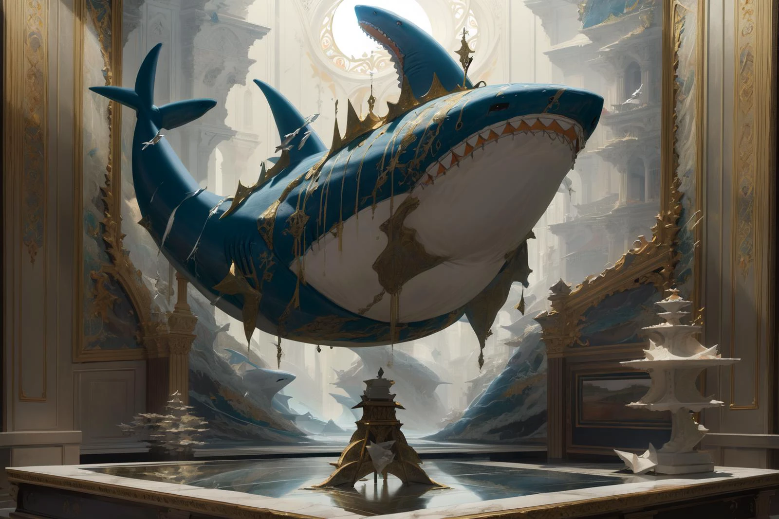 (Exquisite painting:1.5),(Fluffy puppet material,best detail,Fantasy mythology:1.4), (sea,fish:1),((Giant Shark,paleontology ,: 1.4)),(best quality,master piece:1.44)flying fish,volador, white theme, dark blue theme, sharp teeth,ultra high res, masterpiece, best quality, infected face,black,highly detailed face, perfect eyes,(Marble building,A sense of historical heaviness:1.2), <lora:M4rbleSCNEWCIVIT:0.7> <lora:cushion_v1:0.5> <lora:animeoutlineV4_16:0.2>