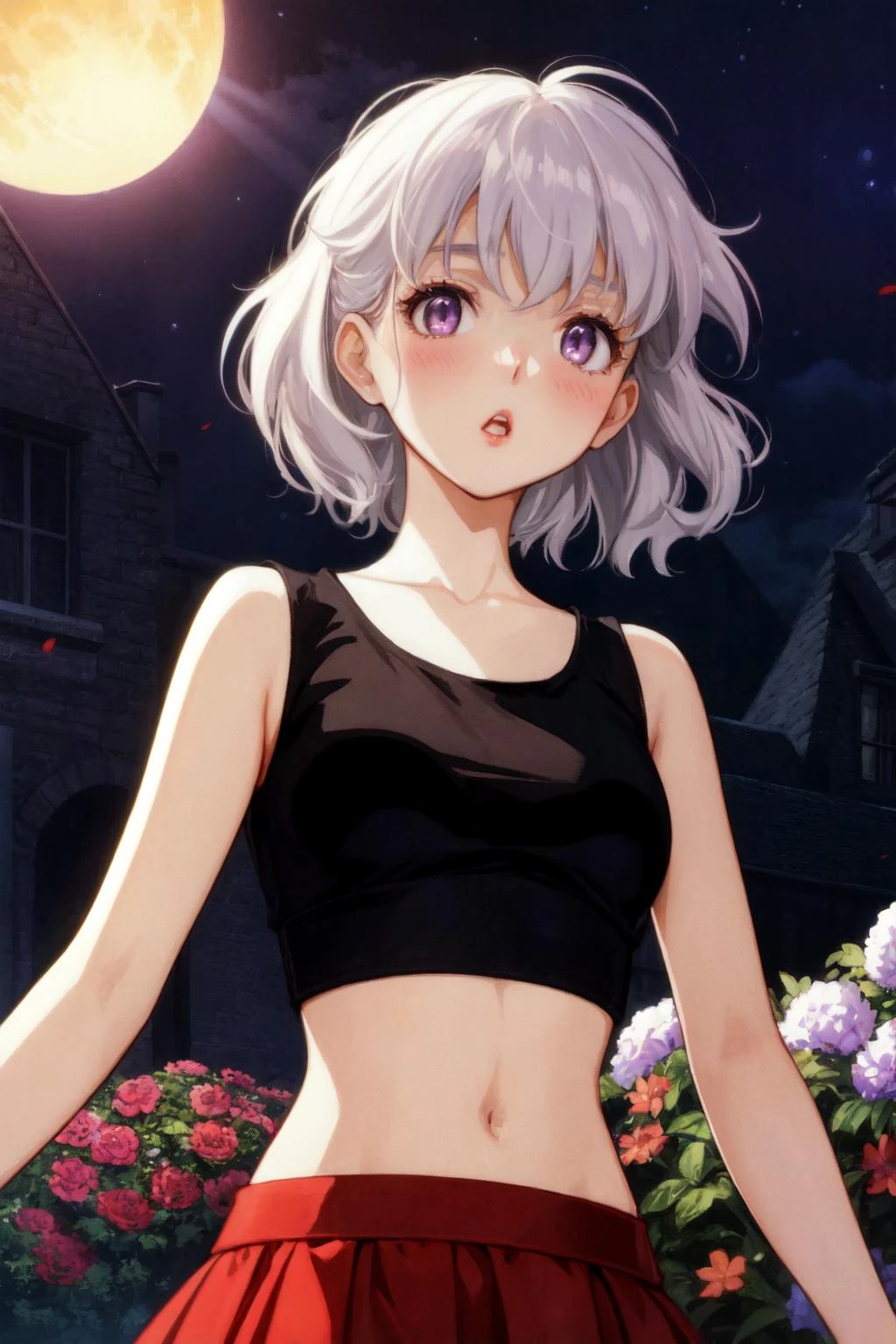 masterpiece, best quality, [detailed], [intricate], digital painting, cinematic lighting, solo, 1girl, :o, white hair, purple eyes, glowing eyes, crop top, skirt, parted lips, blush, night, flowers, sun, sunlight,retro artstyle, 1990s \(style\),<lora:Hidari2:0.8>