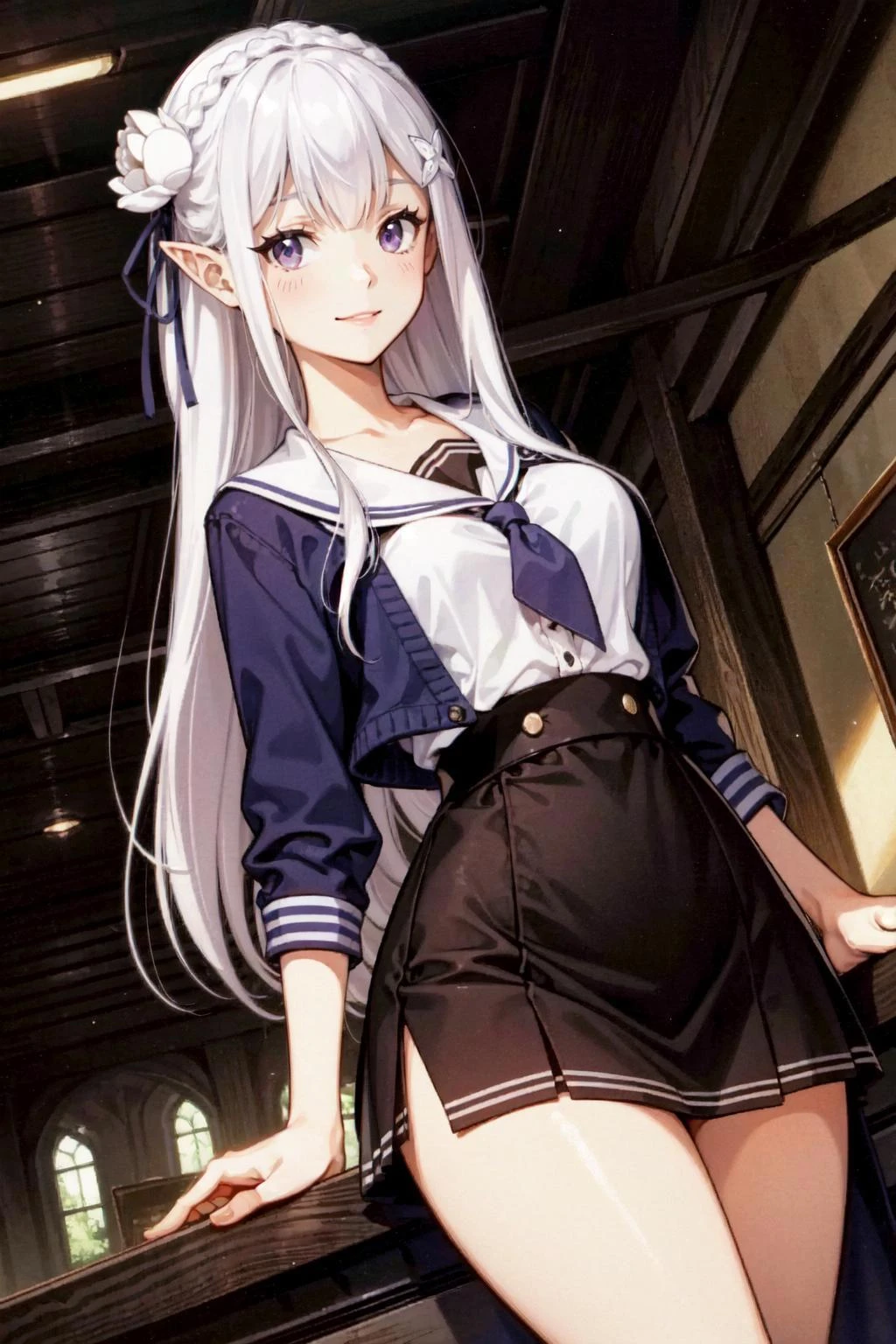 (best quality, masterpiece, colorful, dynamic angle, highest detailed),  [detailed], [intricate], digital painting, cinematic lighting, solo, 1girl,smile
,
emilia, braid, crown braid, flower, hair flower, hair ornament, hair ribbon, long hair, pointy ears, (purple eyes:1.2), (white hair:1.4), x hair ornament,
alternate costume, cardigan, open cardigan, open clothes, sailor collar, school uniform, scrunchie, serafuku, sleeves past elbows, wrist scrunchie,
,looking at viewer, smirk,( wide hips, thick thighs), (large breasts),visible thighs, , perfect hands, dutch angle,
retro artstyle, 1990s \(style\),<lora:Hidari2:0.8>  , <lora:emiliatest:1>