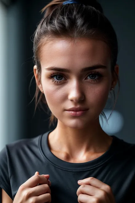 photo of beautiful (c0c0nady-135:0.99), a woman with perfect hair upsweep updo, wearing Dark Blue (t-shirt:1.1),  (plain background:1.1), trousers, modelshoot style, (extremely detailed CG unity 8k wallpaper), professional majestic photography, (Leica M6 Camera), 24mm, exposure blend, hdr, faded, extremely intricate, High (Detail:1.1), Sharp focus, dramatic, soft cinematic light, (looking at viewer), (detailed pupils), 4k textures, elegant, ((((cinematic look)))), soothing tones, insane details, hyperdetailed, low contrast