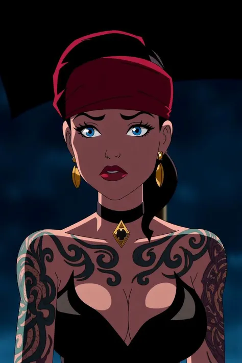 A fearless female pirate captain with an array of intricate tattoos, commanding her ship during a thrilling high-seas adventure, ([Kate|Jennifer|Amy]:0.8), closeup, Shiny skin, vax, 3d, plastic, choker, earrings, eyelashes, eye shadow, lips, lipstick, jewelry, makeup, nose, parted lips, navel, beautiful detailed blue eyes, see-through, perky breast, detailed background, (night:1.2), dark, scary, dark city, alley, chased, danger, worried, afraid, stressed, action pose, hyper-realistic, amazing fine detail, Nikon D850 film stock photograph Kodak Portra 400 camera f1.6 lens, rich colors, lifelike texture, dramatic lighting, unreal engine, trending on ArtStation, cinestill 800 tungsten