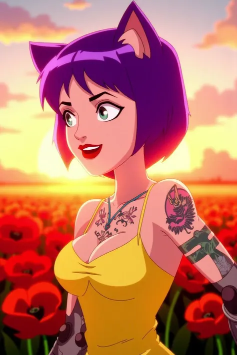 thepit style, samdoesart style, puffy lips, cinematic light, punk rock cat g(:0)irl, cat ears, purple hair, tattoos, solo, sui(:0)cideg(:0)irl, ([Gal|riley|Rachel]:0.9), (yellow sun dress:1.2), outdoors, middle of poppy fields, sunset, close face portrait, zoomed in, (machine made joints:1.2), mechanical limbs, sexy pose, cute smile, character focus, science fiction, extreme detailed, colorful, highest detailed, masterpiece, best quality, ultra-detailed, highly detailed CG illustration, an extremely delicate and beautiful porcelain,