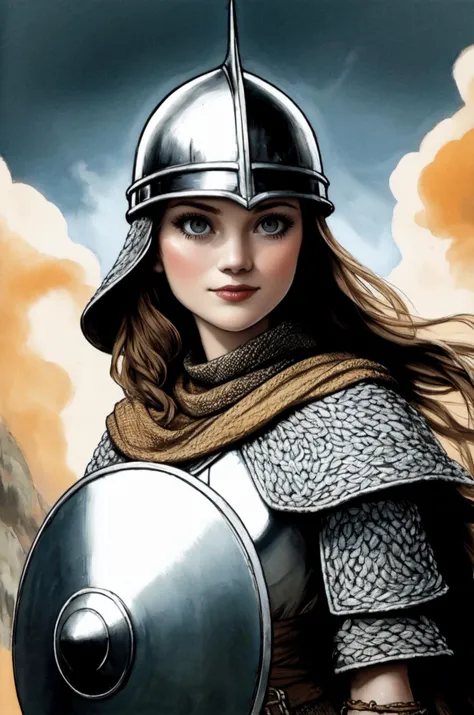 kkw-ph1, a warrior queen, 1girl, grey eyes, very long hair, viking, flaming eye, distinguished, GS-Womanly
BREAK
<lora:Medieval_Armor:0.85> chainmail, tunic, helmet, shield