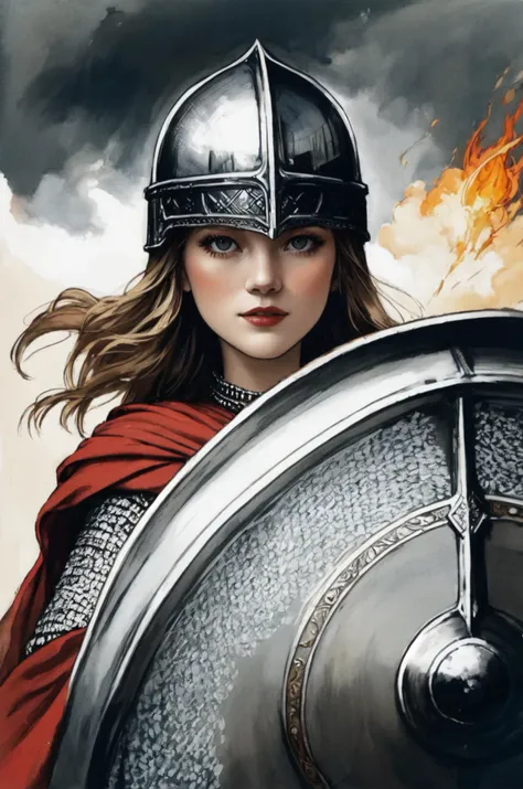 kkw-ph1, a warrior queen, 1girl, grey eyes, very long hair, viking, flaming eye, distinguished, GS-Womanly
BREAK
<lora:Medieval_Armor:0.85> chainmail, tunic, helmet, shield