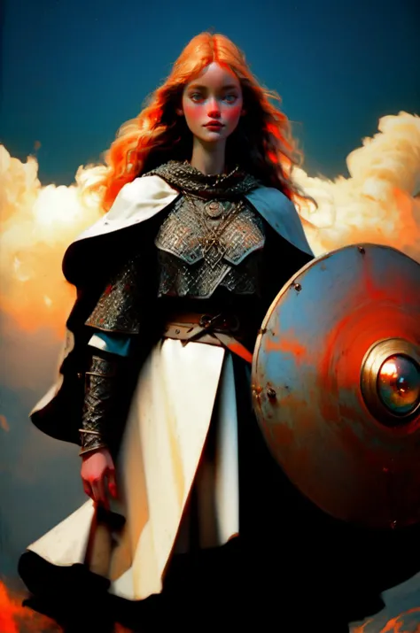 kkw-ph1, a warrior queen, 1girl, grey eyes, very long hair, viking, flaming eye, distinguished, GS-Womanly
BREAK
<lora:Medieval_Armor:0.85> chainmail, tunic, helmet, shield