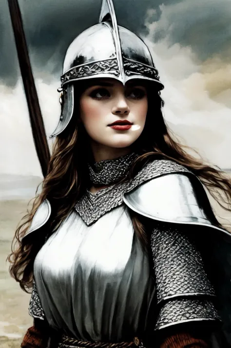 kkw-ph1, a warrior queen, 1girl, grey eyes, very long hair, viking, flaming eye, distinguished, GS-Womanly
BREAK
<lora:Medieval_Armor:0.85> chainmail, tunic, helmet, shield