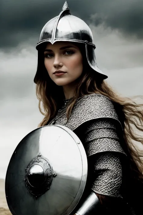 kkw-ph1, a  warrior queen, 1girl, grey eyes, very long hair, viking, flaming eye, distinguished, GS-Womanly
BREAK
<lora:Medieval_Armor:0.85> chainmail, tunic, helmet, shield