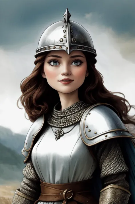 kkw-ph1, a  warrior queen, 1girl, grey eyes, very long hair, viking, flaming eye, distinguished, GS-Womanly
BREAK
<lora:Medieval_Armor:0.85> chainmail, tunic, helmet, shield
