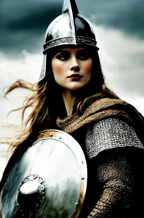 kkw-ph1, a  warrior queen, 1girl, grey eyes, very long hair, viking, flaming eye, distinguished, GS-Womanly
BREAK
<lora:Medieval_Armor:0.85> chainmail, tunic, helmet, shield