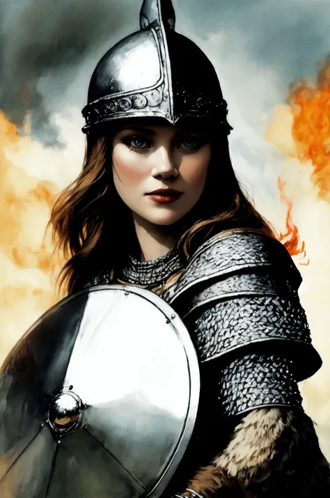 kkw-ph1, a  warrior queen, 1girl, grey eyes, very long hair, viking, flaming eye, distinguished, GS-Womanly
BREAK
<lora:Medieval_Armor:0.85> chainmail, tunic, helmet, shield