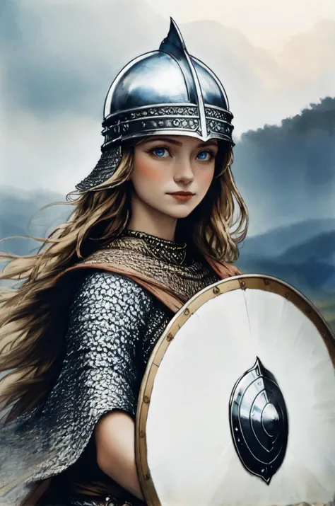 kkw-ph1, 1girl, blue eyes, long hair, viking, <lora:Medieval_Armor:1> chainmail, tunic, helmet, shield,  GS-Womanly
, warrior queen