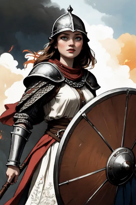 kkw-ph1, a warrior queen, 1girl, grey eyes, very long hair, viking, flaming eye, distinguished, GS-Womanly
BREAK
<lora:Medieval_Armor:0.85> chainmail, tunic, helmet, shield