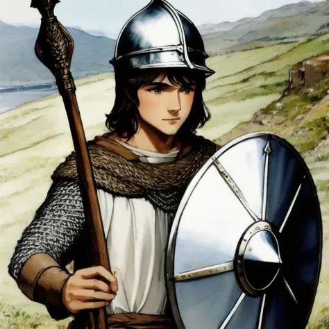 <lora:MAAA:1>, close up of 1 boy, chainmail, wearing tunic, holding spear, helmet, holding shield, {{1$$__cameraView__}}, {{1$$__orientation__}}, {{1$$expression__}}