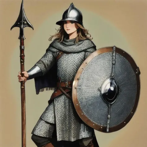 <lora:MAAA:1>, full body shot of 1 woman, chainmail, wearing tunic, holding spear, helmet, holding shield, Cowboy shot