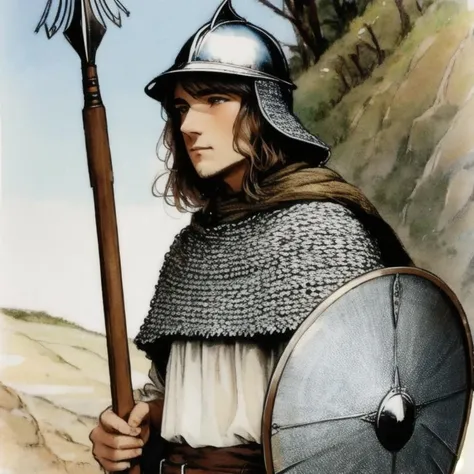 <lora:MAAA:1>, close up of 1 man, chainmail, wearing tunic, holding spear, helmet, holding shield, {{1$$__cameraView__}},  {{1$$__orientation__}},  {{1$$expression__}}