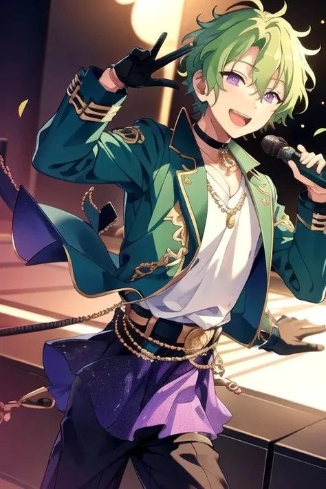 <lora:HiyoriTomoe-04:0.7> ,hiyori, looking at viewer, smile, open mouth, shirt, gloves, 1boy, jewelry, purple eyes, jacket, male focus, green hair, choker, black gloves, microphone, holding microphone, idol, stage, glowstick