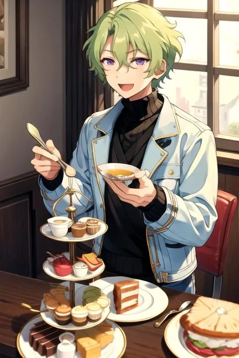 <lora:HiyoriTomoe-04:0.7> ,hiyori, solo, looking at viewer, smile, short hair, open mouth, long sleeves, 1boy, ribbon, holding, hair between eyes, sitting, purple eyes, jacket, male focus, food, green hair, sweater, cup, fruit, turtleneck, chair, table, holding cup, lens flare, plate, teacup, cake, turtleneck sweater, strawberry, fork, tea, cake slice, macaron, strawberry shortcake, tiered tray