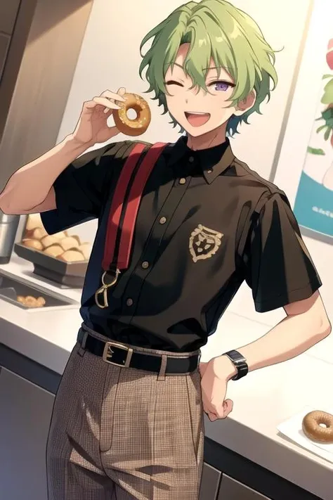 <lora:HiyoriTomoe-04:0.7> ,hiyori, solo, looking at viewer, smile, short hair, open mouth, shirt, 1boy, holding, jewelry, purple eyes, short sleeves, male focus, one eye closed, food, green hair, teeth, collared shirt, belt, pants, vest, bracelet, black shirt, upper teeth only, ;d, holding food, black belt, wristwatch, brown pants, doughnut, plaid pants