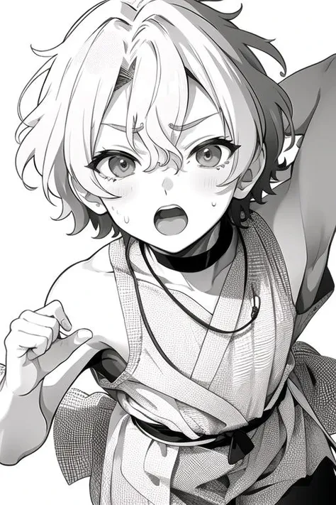 <lora:HiyoriTomoe-04:0.7> ,hiyori, 1boy, solo, short hair, looking at viewer, open mouth, simple background, white background, hair between eyes, monochrome, greyscale, sweatdrop, emphasis lines, dot nose