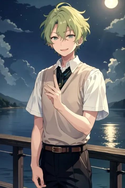 <lora:HiyoriTomoe-04:0.7> ,hiyori, solo, smile, short hair, shirt, 1boy, jewelry, green eyes, short sleeves, male focus, outdoors, green hair, sky, collared shirt, belt, pants, cloud, vest, black shirt, night, ocean, moon, night sky, full moon, sweater vest