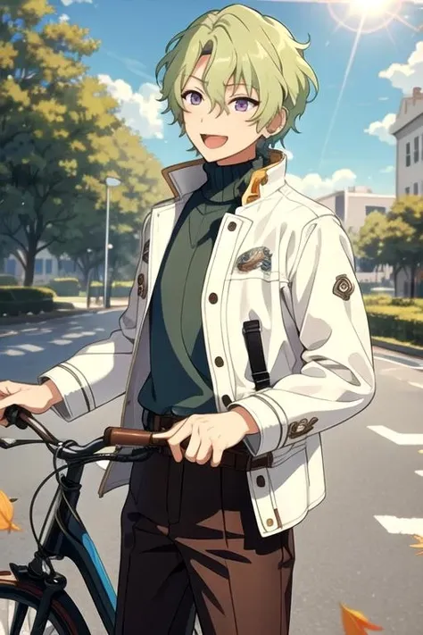 <lora:HiyoriTomoe-04:0.7> ,hiyori, solo, smile, short hair, open mouth, long sleeves, 1boy, hair between eyes, jewelry, purple eyes, jacket, male focus, outdoors, green hair, sky, teeth, day, belt, pants, cloud, sweater, tree, turtleneck, leaf, upper teeth only, sunlight, ground vehicle, lens flare, turtleneck sweater, white sweater, riding, brown pants, bicycle, falling leaves
