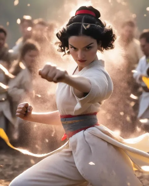 photo of Rachel Zegler dressed as Snow White, portrayed in a realistic style. She stands in a karate stance, ready to engage in combat. Her body is aligned, with one foot firmly planted on the ground and the other slightly raised. Her arms are positioned in a defensive yet poised manner, ready to strike or block any opponent. The chaotic field of flowers surrounds her, adding a touch of unexpected beauty to the intense scene. The golden hour light casts a warm glow on Snow White, accentuating her determination and martial prowess. This full body portrait captures the fusion of grace and strength in Snow White's karate stance in a realistic and impactful manner <lora:sd_xl_offset_example-lora_1.0:1> <lora:rachelzegler_sdxl_resized:0.8> rachelzegler