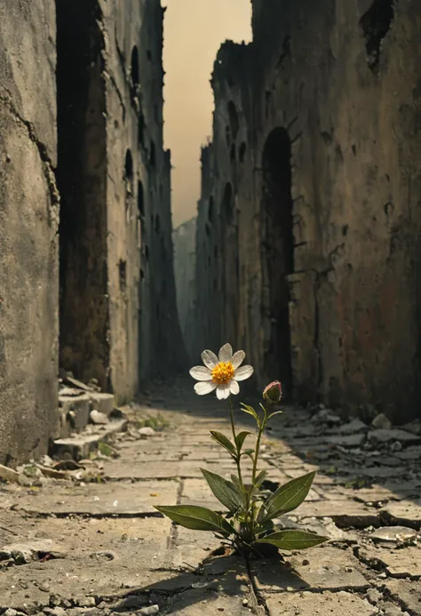 focus on small flower on the street, in ruined, abandoned city