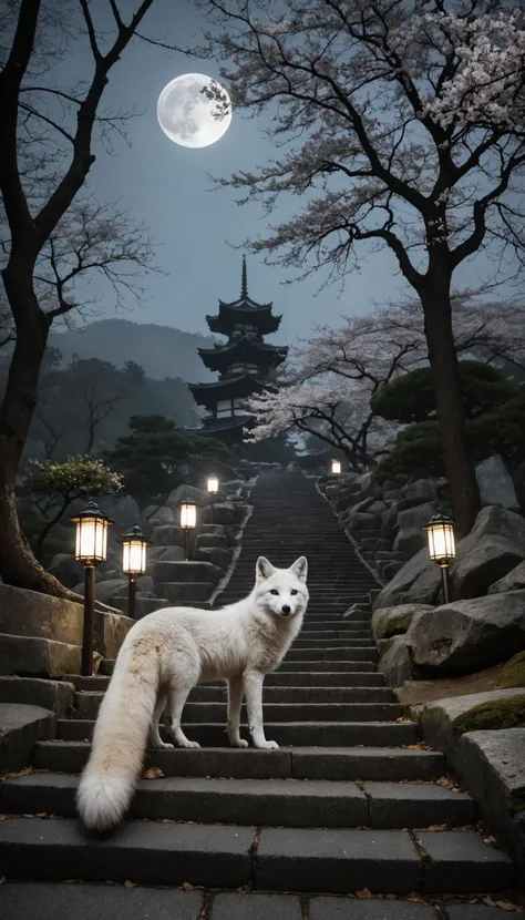 photo of a stone-paved and stone stairs approach leading to main shrine, (a white fox with fine tail), epic composition, cinematic lighting, beautiful full moon night sky, cherry trees, 17th century Japan, (stone lanterns set  on ground), (gently curved passage), fantastic fog, pale fire, (best quality), photorealistic, highly detailed, high resolution RAW photo <lora:offset_0.2:0.8> <lora:add-detail-xl:0.4>