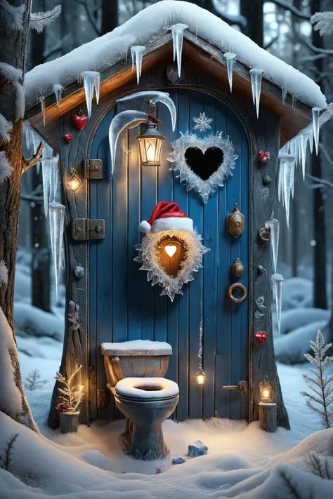FrostedStyle, a simple timber toilet in a dark snowy forest with icicles on the roof, heart-shaped hole in the blue door, santa hat on the floor, lantern, dslr, 8k, 4k, ultrarealistic, centered, highly detailed, vibrant colors, intricate, ultra hd, sharp focus, soft lighting, raw photo <lora:add-detail-xl:1>  <lora:sd_xl_offset_example-lora_1.0:0.75>  <lora:SDXLFrosted:0.7>