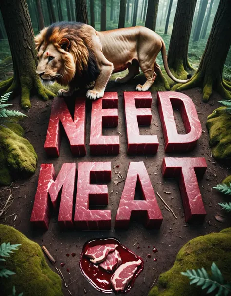 Photorealistic photo of {(a lion in the forest):1.65, meat on the floor, text ("need meat" text logo:1.38) made from meat}, (photo taken with hasselblad x2d), muted colors, ultra high details, realistic, blood