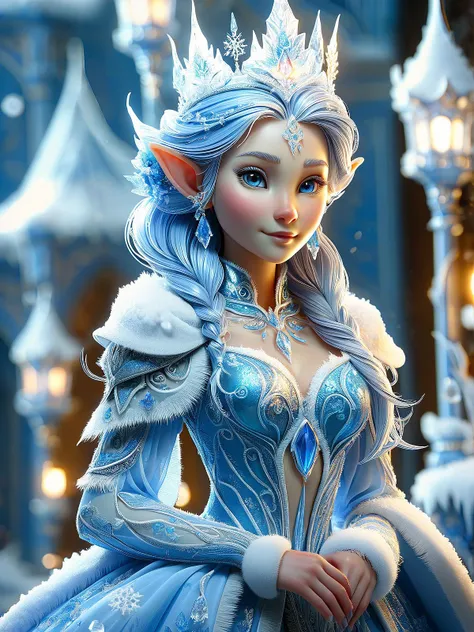 RAW Photo, dynamic pose, a beautiful female epoch elf, icy crown, blue dress, blue french twist, full body, snowy ice palace, centered, highly detailed, vibrant colors, intricate, ultra hd, sharp focus <lora:add-detail-xl:0.75> <lora:sd_xl_offset_example-lora_1.0:0.75> <lora:DetailedEyes_xl_V2:1> <lora:perfect hands:1> <lora:SDXLFrosted:0.75>