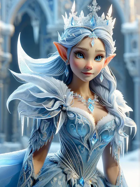 RAW Photo, dynamic pose, a beautiful female epoch elf, icy crown, blue dress, blue french twist, full body, snowy ice palace, centered, highly detailed, vibrant colors, intricate, ultra hd, sharp focus  <lora:add-detail-xl:0.75> <lora:sd_xl_offset_example-lora_1.0:0.75>  <lora:DetailedEyes_xl_V2:1> <lora:perfect hands:1>  <lora:SDXLFrosted:0.75>
