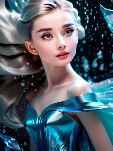 couture fashion photography, an award winning photo of a beautiful Audrey Hepburn as Elsa from Disney's Frozen, a burst of tangy aqua cascades, entwining with viscous allure, a figure emerges from the shadows, in a neo-expressionist masterpiece of blueberry syrup's embrace, masterpiece, best quality, (intricate details), dreamy, perfect eyes, dark pupils, magnificent, ethereal, volumetric lighting, lightroom, ((cinematic)), raytracing, subsurface scattering, face focus, <lora:DigitalAudreyXLLora3-000008:1> <lora:sd_xl_offset_example-lora_1.0:0.7>