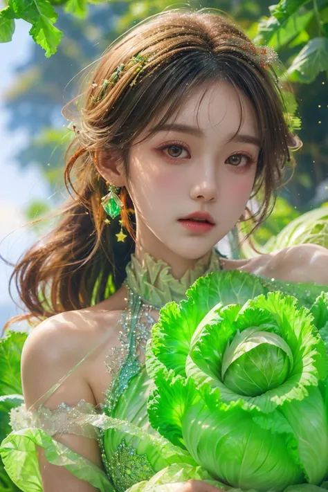 <lora:baize:1>, cabbage dress, {{masterpiece}},illustration,best quality,extremely detailed CG unity 8k wallpaper,original,high resolution,oversized documents,portrait,{{{{{extremely delicate and beautiful girl}}}}},{{artbook}},{precise geometry},{{{fantasy}}},white hair,very long hair,gem hair,messy hair,floating hair,hair flowing in the wind,green eyes,beautiful detail eyes,jewel eyes,green crystal decoration,{{green crystal}},fog,drifting ashes,breeze,ashes,casting spells,ice crystal magic,depthoffield,{lens flare},good lighting,{{{{ray tracing}}}},glittering,sparkling,dynamic angle,cinematic angle, nsfw, 1girl, large breasts, A beautiful young woman with Korean-style facial features resembling a popular actress.