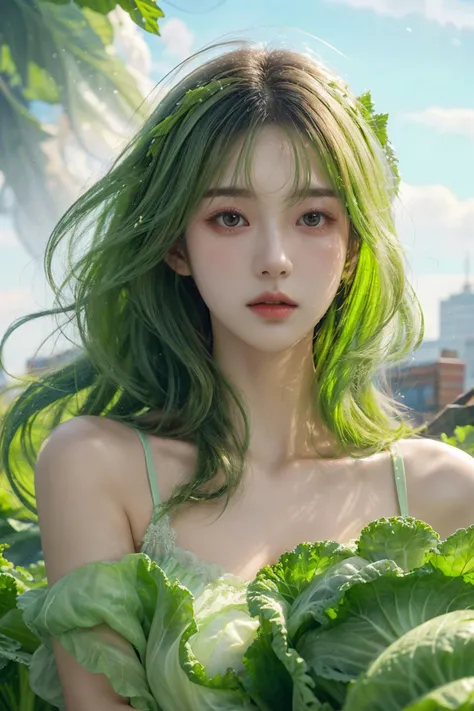 <lora:baize:0.8>, cabbage dress, masterpiece, best quality, advanced, messy hair:1.8, hair fluttering in the wind, super large documents, high details, glittering, solo, beautiful ((((green))))detailed sky, (((ultra-detailed face))), ray tracing, (portrait), white hair: 5.9, floating , girl:background = 1:3, detailed cloud,Extremely detailed eyes, floating flames: 5.2, floating flashes: 6, motion blur, dynamic angle, masterpiece:1.1, portrait,dirt on face:3, green :1.4 smoke, upper body , epic:6, detailed city scenery, nsfw, 1girl, large breasts, A beautiful young woman with Korean-style facial features resembling a popular actress.