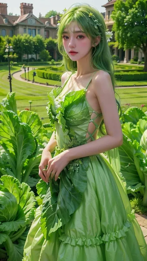 Masterpiece, super detailed, highest image quality, 1 girl, solo, long green hair, cabbage dress, exquisite jewelry, outdoor, BAIZE_MARS,<lora:baize:0.8>