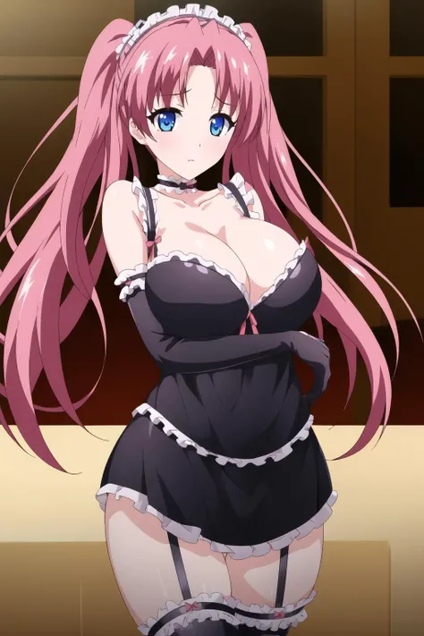 (Night:1.7), Japan, Tokyo, CityView, Before Window,
Standing at attention,
maid, maid headdress, maid apron, elbow gloves, frilled legwear,black panties, lingerie,underwear,garter straps,bra,
<lora:Ruri_Zenouji_Yakata-KK77-V1:0.7>,
pink hair,twintails,blue eyes, hair bow,parted bangs,long hair,
1 girl, 20yo,Young female,Beautiful Finger,Beautiful long legs,Beautiful body,Beautiful Nose,Beautiful character design, perfect eyes, perfect face,expressive eyes,
looking at viewer, in the center of the image,(Upper_body),(Focus on her face),
official art,extremely detailed CG unity 8k wallpaper, perfect lighting,Colorful, Bright_Front_face_Lighting,shiny skin,
(masterpiece:1.0),(best_quality:1.0), ultra high res,4K,ultra-detailed,
photography, 8K, HDR, highres, absurdres:1.2, Kodak portra 400, film grain, blurry background, bokeh:1.2, lens flare, (vibrant_color:1.2)
(Beautiful,large_Breasts:1.4), (beautiful_face:1.5),(narrow_waist),