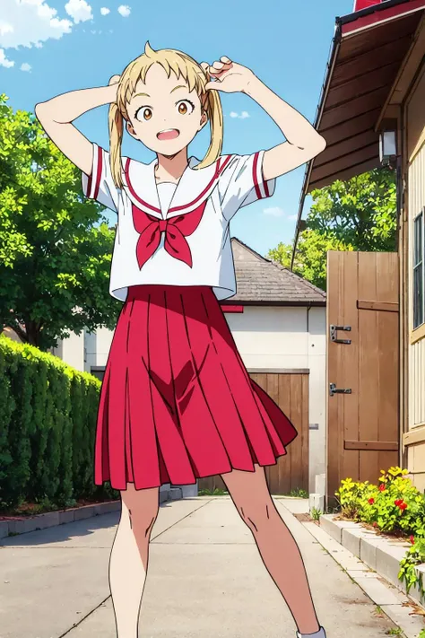 sanaford,serafuku,blonde hair,,looking_at_viewer,full body, cute,pretty