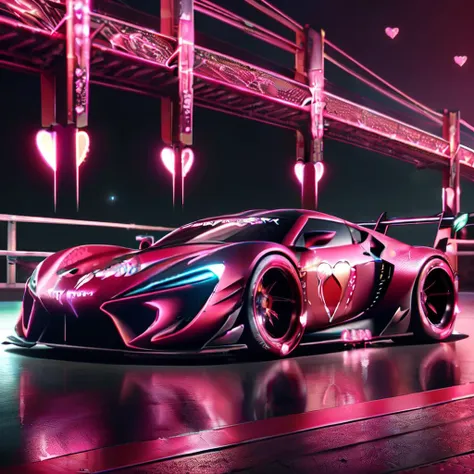 LunarValentineStyle, <lora:LunarValentineStyle:1>photo of a sports car, no human, car focus, hearts and petals  on car, reflective floor, valentine, monster energy,outdoors,night,scenery,bridge neo futuristic architecture,vehicle focus,sports car,neon ,glowing neon car