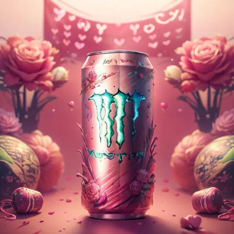 LunarValentineStyle,pink colored arrows,flowers,hearts,monster energy drink text,no humans,roses,red flowers,pink flowers,red roses,valentine,pink monster energy drink,arrow (projectile),pink roses,peony (flower), <lora:LunarValentineStyle:1>,monster energy drink,monster energy bottle,monster energy can,food
