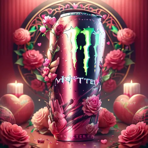 LunarValentineStyle,pink colored arrows,flowers,hearts,monster energy drink text,no humans,roses,red flowers,pink flowers,red roses,valentine,pink monster energy drink,arrow (projectile),pink roses,peony (flower), <lora:LunarValentineStyle:1>,monster energy drink,monster energy bottle,monster energy can,food