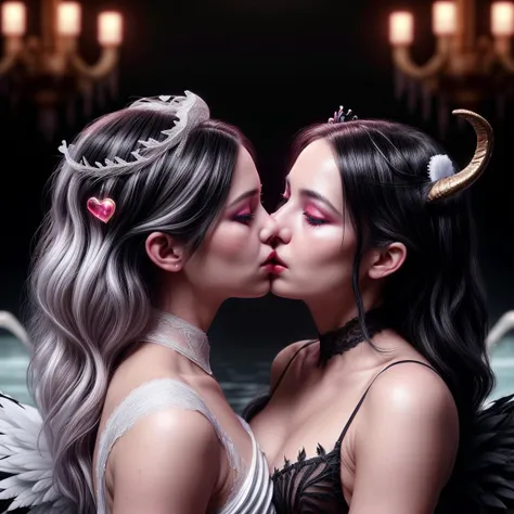 award-winning masterpiece photograph of a ((woman with white hair white dress kissing a woman with black hair black dress made of lace)) BREAK White Swan Queen kissing the seducing Black Swan Queen in the magic ((Swan Lake)) (hyperrealism:1.2),; BREAK The one woman is wearing all white and has white hair,; BREAK the second woman has black hair and is dressed in black lace ((8K UHD:1.2), (photorealistic:1.2), BREAK in the magic frozen Swa lake, BREAK render, accurate, details, crystal clear, photography, realistic, intricate detail, character, perfect face, ultra sharp, highly detailed, highly accurate,  awe-inspiring, award-winning, sharp focus, intricate, dramatic lighting, 8k, UHD, HDR, photorealism, HD Quality, 8k resolution, Unreal Engine, Realistic, Refined, octane render, post-production, magical, mystical, dramatic, dramatic rim lights, romantic, spells, electric forbidden love, <lora:add_detail:0.4>, <lora:more_details:0.6>,  <lora:LunarValentineStyle:0.8>  heart, horns, crown