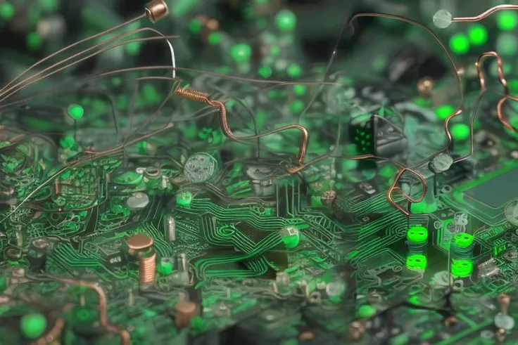 abstrcrl 4k, ultra detailed, ((green circuit board)), threads of black mold, (fine silver wire), LED, copper wire, transistors, capacitors, blobs of solder, battery