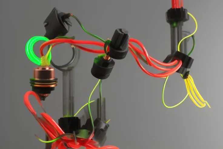 abstrcrl 4k, ultra detailed, stacked black prisms, red wire, yellow wire, black wire, green LED, red LED, dim lighting, plug, outlet, metal jack, copper